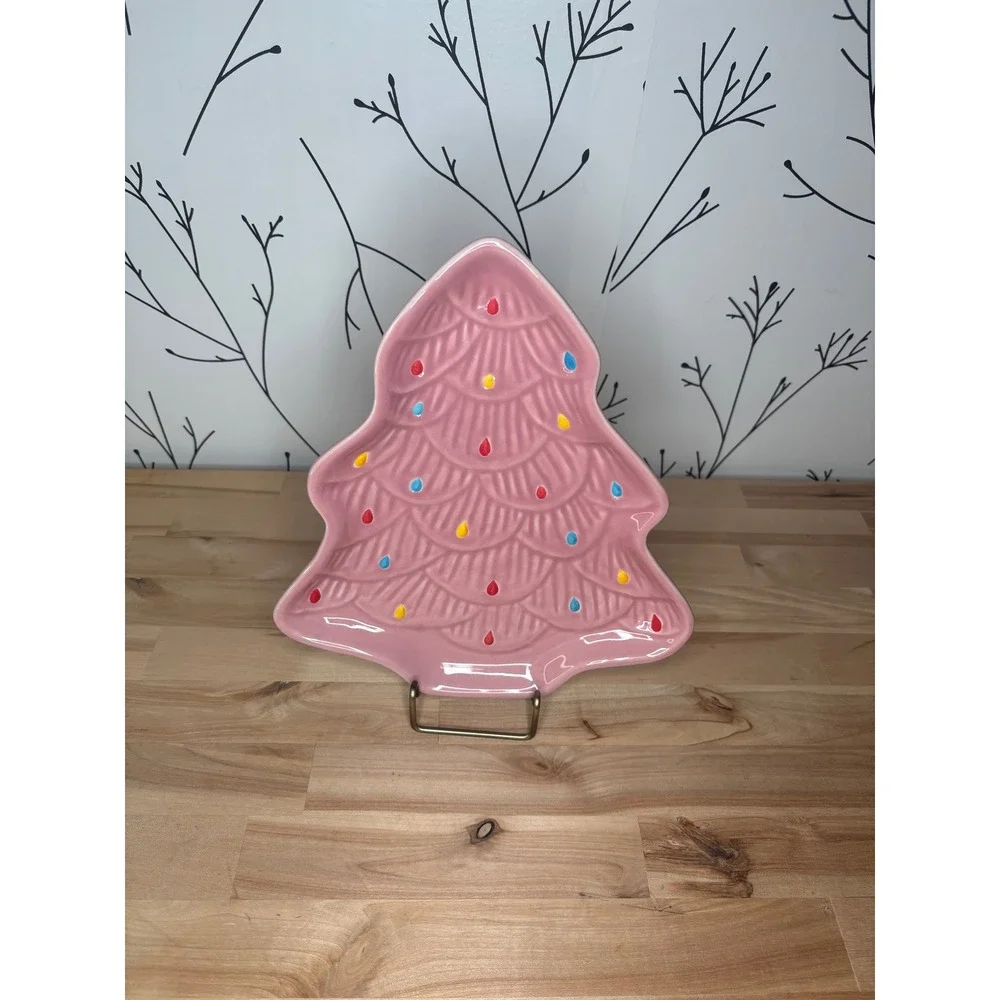 Merry Moments Pink Ceramic Christmas Tree Holiday Plate Stoneware Festive Decor